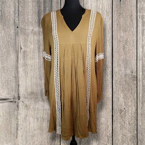 Entro Womens Golden Tan Crochet Lace Detail Flowy A-Line Mini Dress, Small